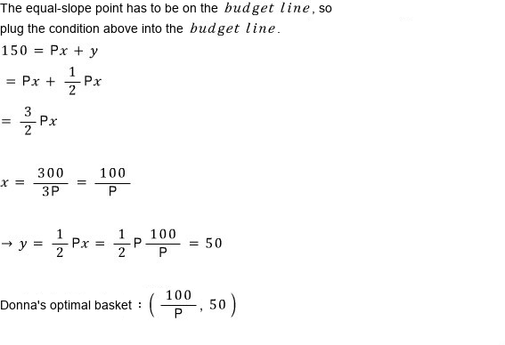 On the budget line: 150 = Px + Px/2 = (3/2)Px, so x = 100/P and y = 50; Donna&rsquo;s optimal basket is (100/P, 50)