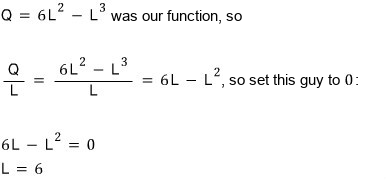 Q/L = 6L − L² set to 0: 6L − L² = 0, so L = 6