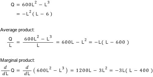 Average product Q/L = 600L − L² = −L(L − 600); marginal product dQ/dL = 1200L − 3L² = −3L(L − 400)