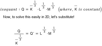 Isoquant Q = K̄^⅓·L^⅓·M^⅓ with K̄ constant; to solve it in 2D, substitute Q/K̄^⅓ = Q′ = L^⅓·M^⅓