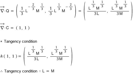 ∇Q = (⅓L^−⅔M^⅓, ⅓L^⅓M^−⅔) = (L^⅓M^⅓/3L, L^⅓M^⅓/3M) and ∇C = (1, 1); the tangency condition h(1, 1) = ∇Q gives L = M