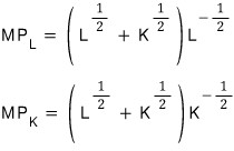 MP_L = (L^½ + K^½)·L^−½ and MP_K = (L^½ + K^½)·K^−½