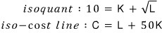 Isoquant: 10 = K + √L; isocost line: C = L + 50K