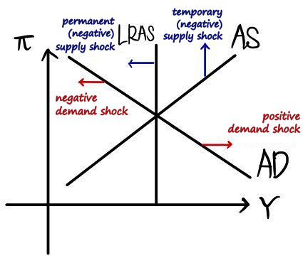 The four shocks on one AS-AD-LRAS graph: a negative demand shock moves AD left, a positive one moves AD right, a temporary (negative) supply shock moves AS up, and a permanent (negative) supply shock moves LRAS left