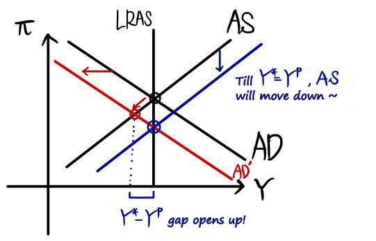 The same diagram again: AD shifted left to AD&rsquo;, output gap Y* − Y^p, AS drifting down until Y* = Y^p