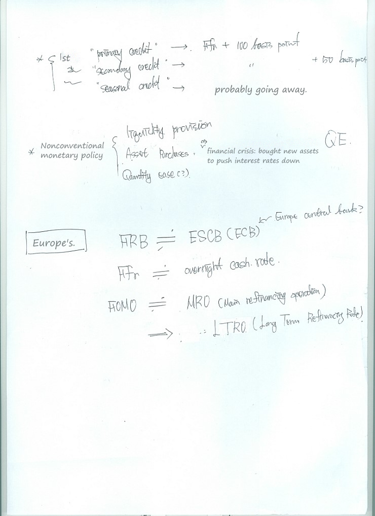 Handwritten notes on discount lending (primary, secondary and seasonal credit), nonconventional monetary policy and the ECB&rsquo;s counterparts of the Fed&rsquo;s tools