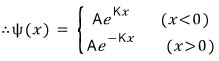 \therefore \psi (x)\quad =\quad \begin{cases}{Ae^{Kx}\quad (x<0)}\{Ae^{-Kx}\quad (x>0)}\end{cases}