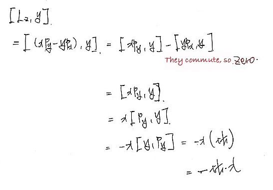 Handwritten derivation of the commutator of L z with y