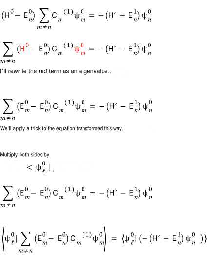 Expansion of the first-order equation in the unperturbed basis and projection with bra psi ell superscript 0