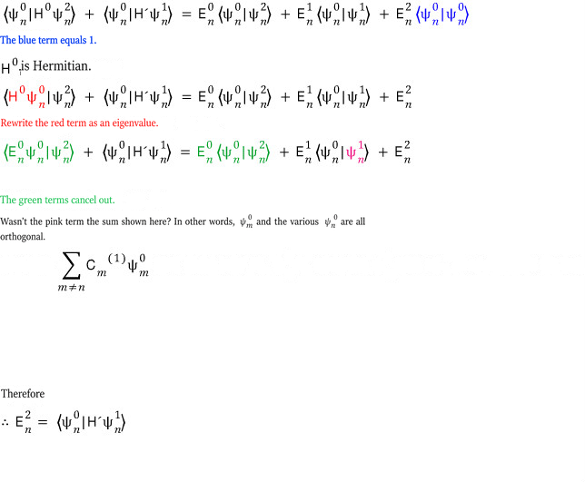 Derivation reducing the second-order equation to E n 2 equals angle psi n 0 H prime psi n 1