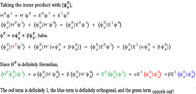 Projection onto psi a 0, with normalization, orthogonality, and cancellation highlighted