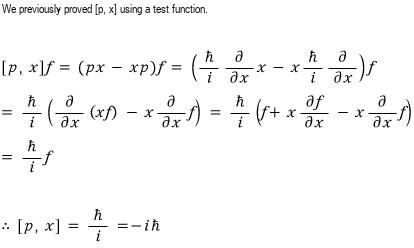 Derivation of the commutator p comma x acting on a test function, giving minus i h-bar