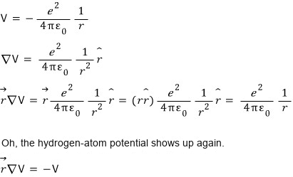 Coulomb potential and its gradient, showing that r dot grad V equals minus V
