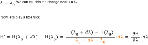 First-order expansion H prime equals partial H by partial lambda times d lambda