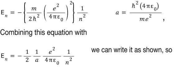Hydrogen energy rewritten as minus one half times e squared over four pi epsilon zero a times one over n squared