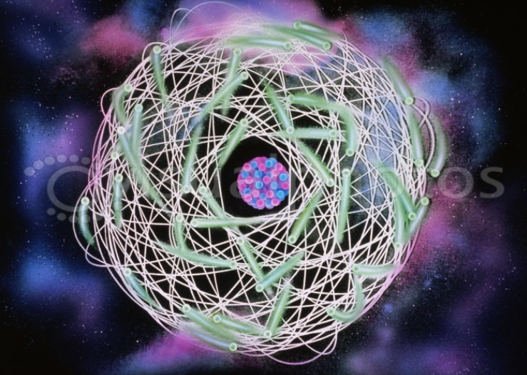 Stylized atom illustration with a nucleus and looping electron paths