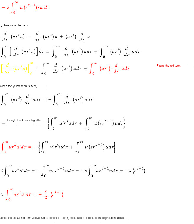 Derivation of the integral of u r to the s minus one u prime from a vanishing boundary term