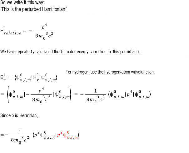 Leading relativistic perturbation Hamiltonian and its first-order expectation value in a hydrogen eigenstate