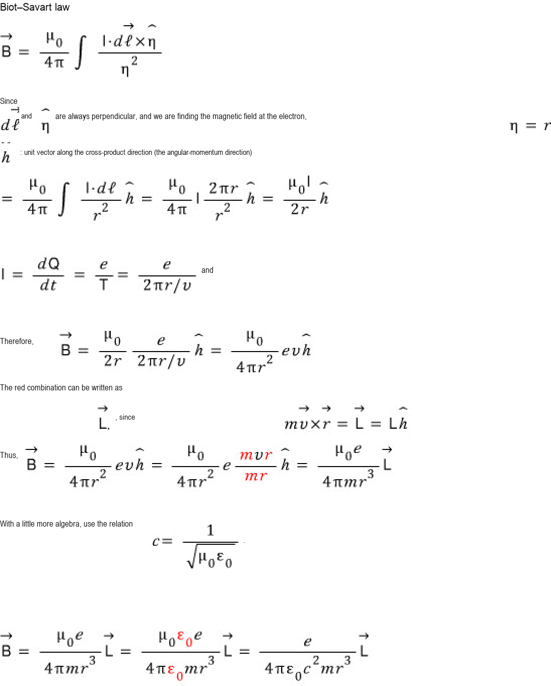 Biot-Savart derivation of the orbital magnetic field in terms of the angular momentum L
