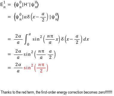 First-order delta-perturbation calculation giving 2 alpha over a times sine squared of n pi over 2