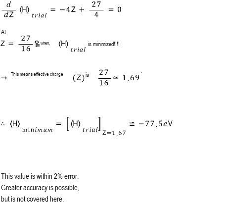 Minimization of the helium trial energy at effective charge 27 over 16, giving about minus 77.5 electronvolts