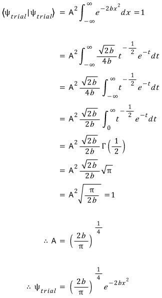Normalization integral giving A equals the fourth root of 2b over pi