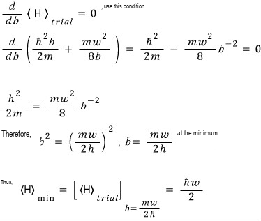 Derivative with respect to b and minimum at b equals m omega over 2 hbar