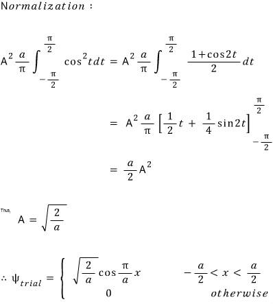 Normalized piecewise cosine trial function with A equals square root of 2 over a
