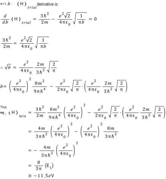 Derivative with respect to b and minimum Gaussian hydrogen energy of eight over three pi times E1