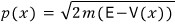 Allowed-region momentum p equals the square root of two m times E minus V