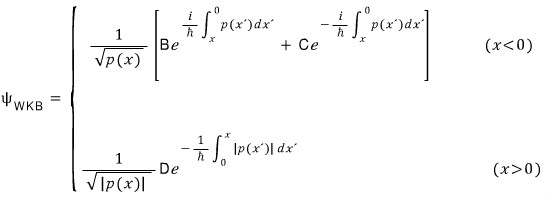 Historical two-sided WKB formula with oscillatory coefficients B and C for x less than zero and a decaying coefficient D for x greater than zero
