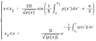 WKB connection formula at the right turning point x2: an oscillatory sine for x below x2 matched to a decaying exponential for x above x2