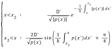 Reversed WKB connection formula at x2: a decaying exponential to the left and an oscillatory sine to the right