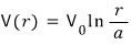 Logarithmic radial potential V of r equals V0 times the logarithm of r over a