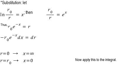 Substitution x equals the logarithm of r0 over r and the transformed radial integration limits