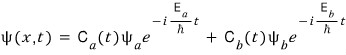 Two-state expansion with time-dependent amplitudes C a and C b.