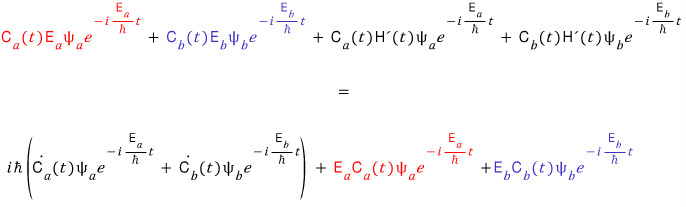 Matching energy terms marked in red and blue on the two sides of the Schrodinger equation.