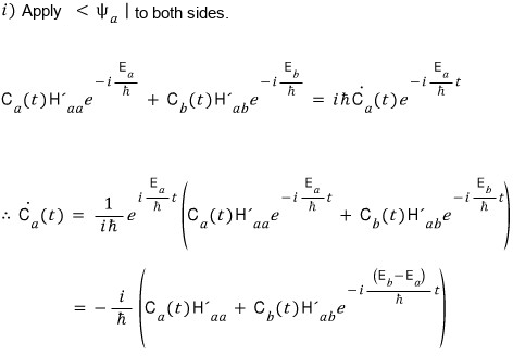 Projection onto state a gives its amplitude equation, including diagonal and off-diagonal matrix elements.