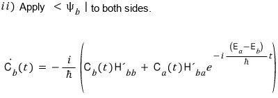 Projection onto state b gives its amplitude equation, including diagonal and off-diagonal matrix elements.