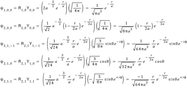 Normalized hydrogen wavefunctions, with azimuthal phase exp(i phi) for the 2p state with m equal to plus one.