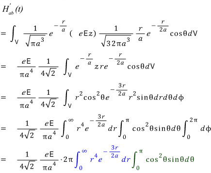 Integral for the 1s-to-2p-zero interaction energy with positive eEz, separated into radial and angular factors.