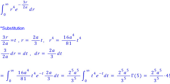 Radial integral of r to the fourth times exp(-3r/2a), giving 4! times (2a/3) to the fifth.