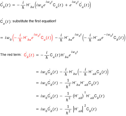 Differentiate the upper-amplitude equation and use Hermiticity to obtain the squared coupling magnitude.