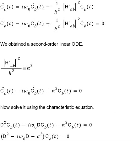 Second-order equation for C b: its second derivative minus i omega zero times its first derivative plus alpha squared C b is zero.