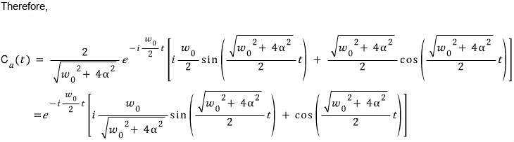 Exact lower amplitude: exp(-i omega zero t/2) multiplying cosine plus an imaginary sine term.