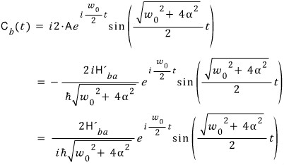 Exact upper amplitude, proportional to H prime b a, exp(i omega zero t/2) and sin(Omega t/2).