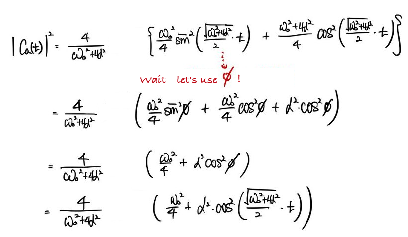 Lower-state probability after phase cancellation, with phi denoting Omega t/2 in the handwritten calculation.