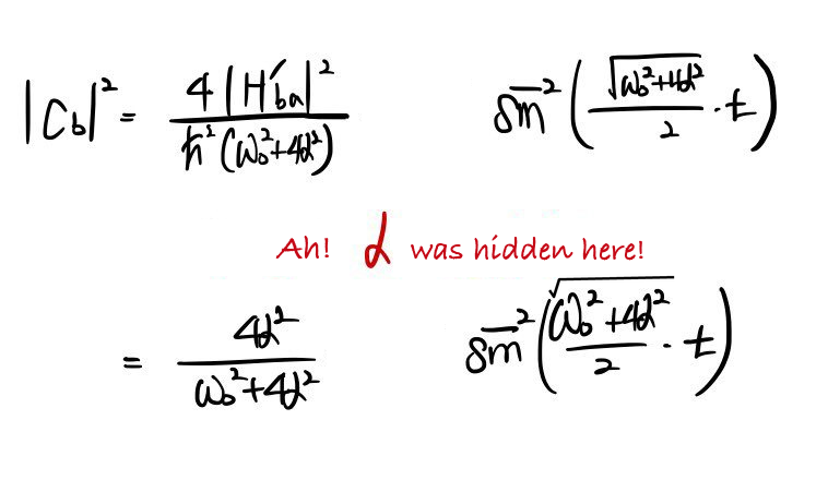 Upper-state probability: 4 alpha squared divided by Omega squared, multiplied by sine squared of Omega t/2.