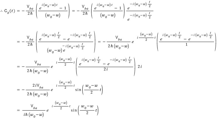 Derivation of the near-resonant amplitude as a phase factor times sine of half the detuning times time.