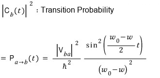 Upward transition probability: the squared magnitude of the coupling divided by hbar squared, times sine squared of half the detuning times time divided by detuning squared.